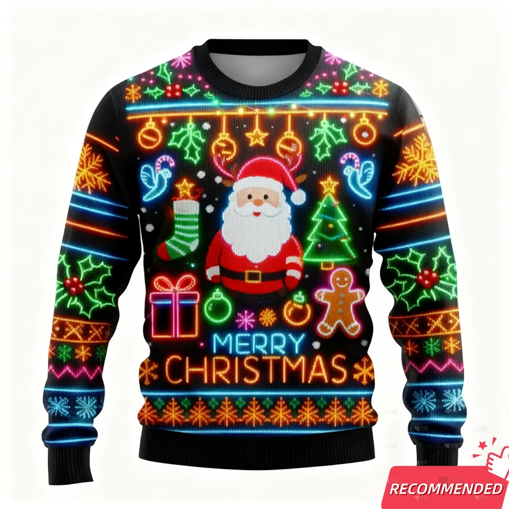 

2025 аниме кот уродливый рождественский свитер поддельный неоновый свет графический Санта-Клаус уродливый пуловер Рождественский праздник с круглым вырезом мужские толстовки