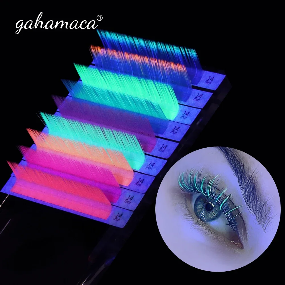 GAHAMACA UV Neon Lash Extenions Glow in the Dark Fluorescent Pink Bright Colorful Individual Soft Eyelash Extension