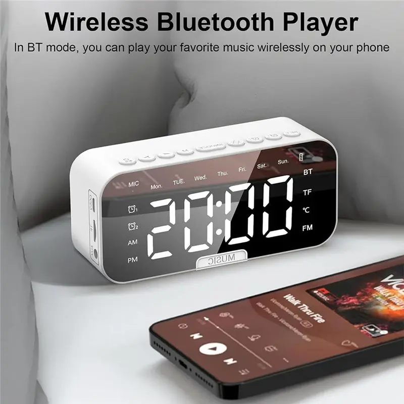Hot Sale-Bluetooth Speaker Alarm Clock, Dual-Alarm Digital Bedside Clock With Phone Holder, AUX TF Card Input For Bedroom