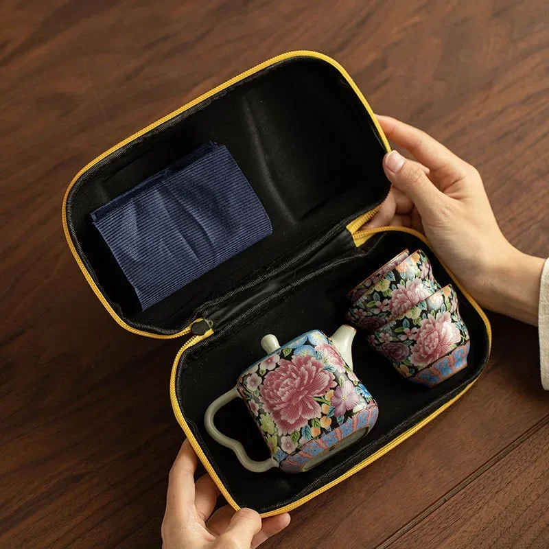 Jingdezhen Ru Kiln Wanhua Enamel Color Flower 1Pot 3Cup Portable Bag Picnic Travel Set Outdoor Camping Express Cup Birthday Gift
