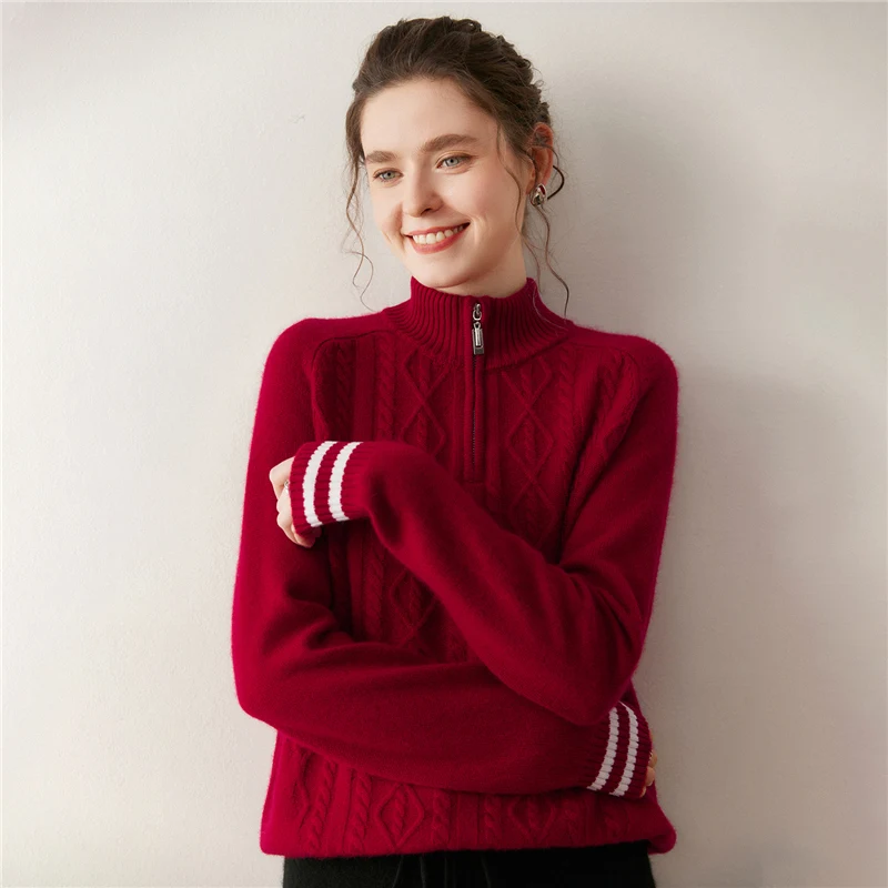 

Luxury Women Sweater Pullover 100% Cashmere Half Zip Stand Collar Pullover Clothing Autumn Winter Sweater Cozy Diamond Warm Knit
