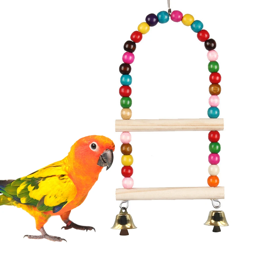 1pc Bird Swing Toy Parrot Cage Stand Steps Toy Natural Perch with Beads Bird Toys Swing Chewing Training Toy Swing Bird Supplies