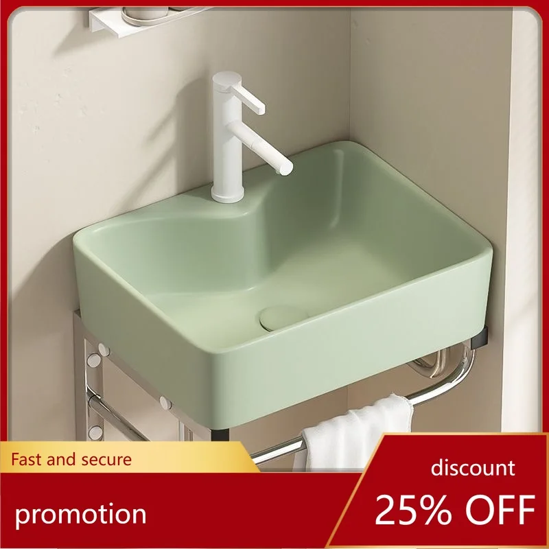 CZ Space-Saving Small Apartment Wall-Mounted Fruit Green Ceramic Wash Basin Stainless Steel Stand Washbasin Bathroom Sink