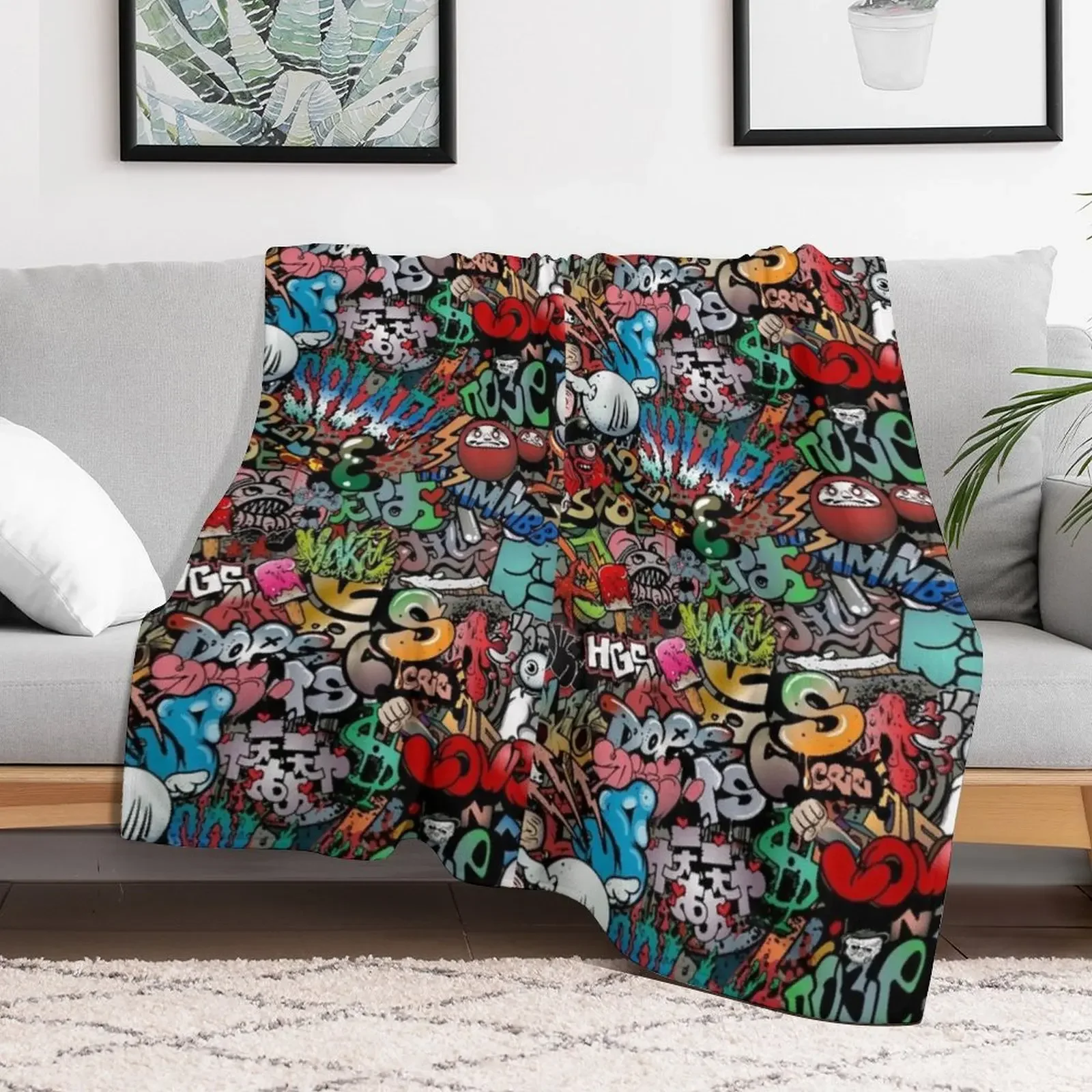 Synr 70s Retro Comic Graffiti Print Throw Blanket Stylish Decor Blanket Gift for Friends Roommate
