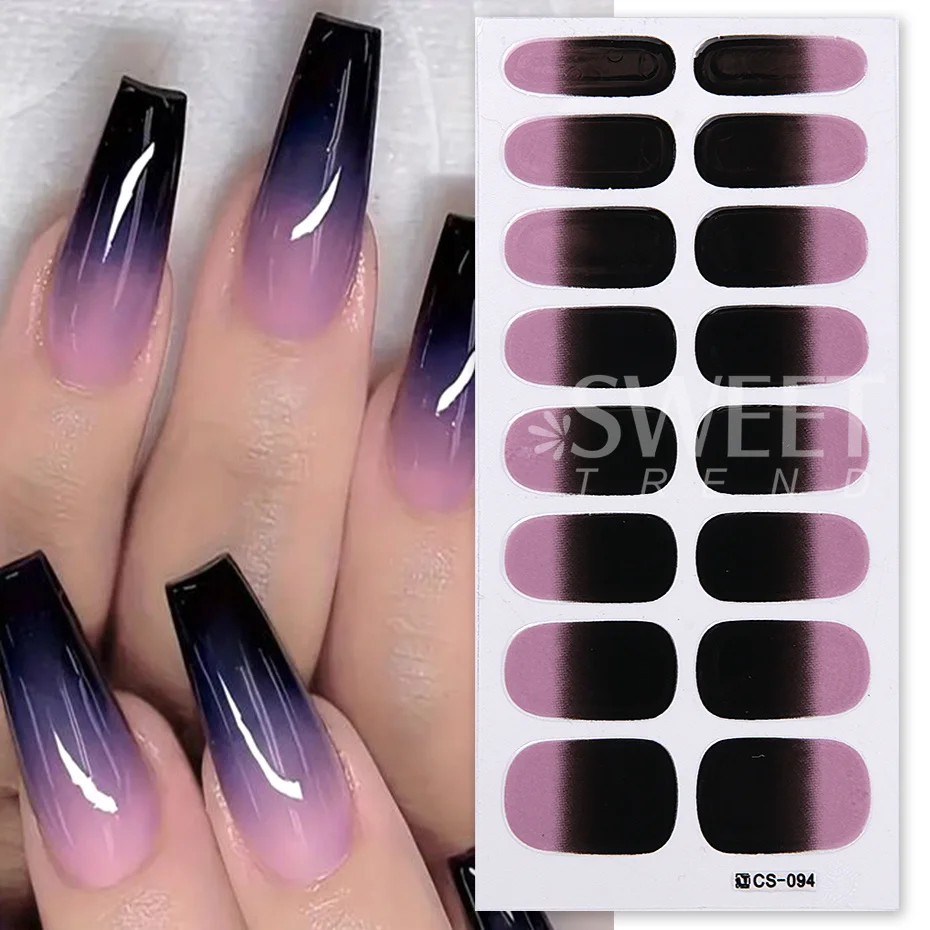 สติกเกอร์เจลสีออมเบรสำหรับเล็บ 6 ชิ้น สีชมพู ฟ้า ไล่เฉด ดีไซน์เรียบง่าย ติดง่าย ปิดเต็มเล็บ พร้อมตะไบและแท่ง