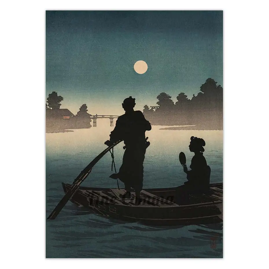 A Ferry Boat on the Sumida River in moonlight Arai Yoshimune Vintage Japanese Art Poster Ukiyoe Wall Art Canvas Print Decor