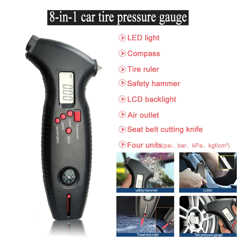 Digital Bike Car Tire Diagnostic Tool Tire Pressure Gauge Tire Tread Depth Meter 0-200 PSI With Hammer Flashlight Knife Compass