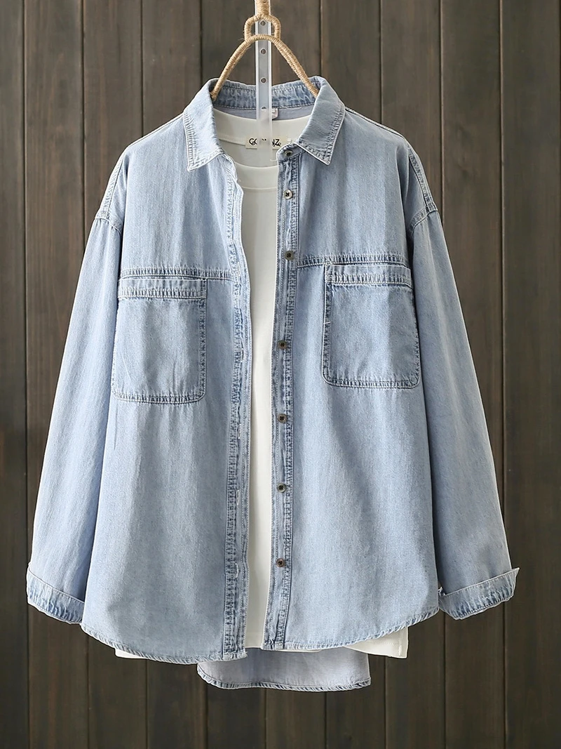 

Spring Autumn plus Size Women's Cotton Denim Shirt Fashion Design Layering Inner Wear Collar Long Sleeve Loose Fit