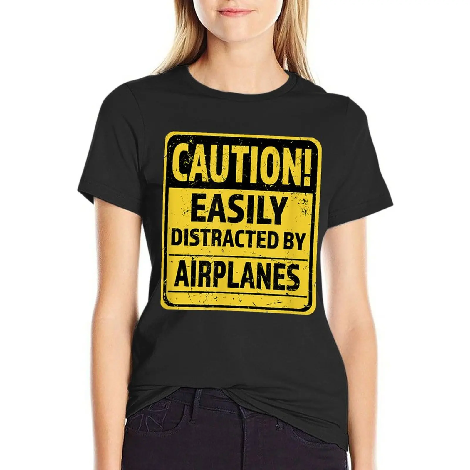 Caution! Easily Distracted By Airplanes - Air-Show & Pilots T-Shirt blacks vintage T-shirts for Women