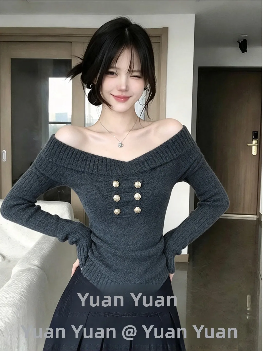 Korean Style One Shoulder Knitted Sweater Women's Slim Fit Metal Buckle Grey Color Autumn Winter New Arrival Soft Polyester