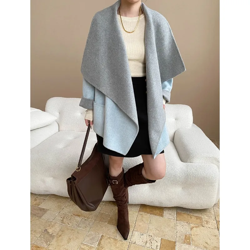 

2025 Women Autumn 50% Cashmere Coat Wide Laple Collar Women Woolen Cape Coat Bateing Sleeve Winter Clothes Warm Coats Tops New