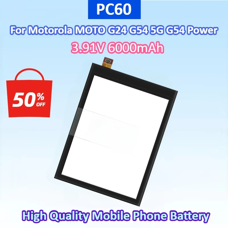 PC60 3.91V 6000mAh Lithium-ion Rechargeable Battery for Motorola MOTO G24 G54 5G G54 Power 5G High Quality Mobile Phone Battery
