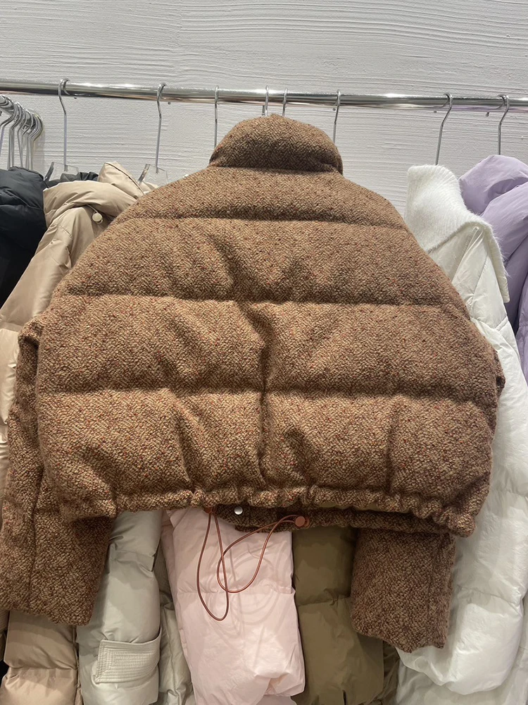Winter Chic Stand Kraag Korte Parker Donsjack Vrouwelijke Grote Zak Rits Dikke Outwears Vrouwen Witte Eendendons Warme Bladerdeeg Jas