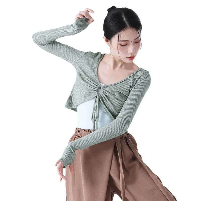 Одежда для современных танцев, кружевной кардиган на шнурке, женский свитер для тела с рифмами, весенне-осенний танец