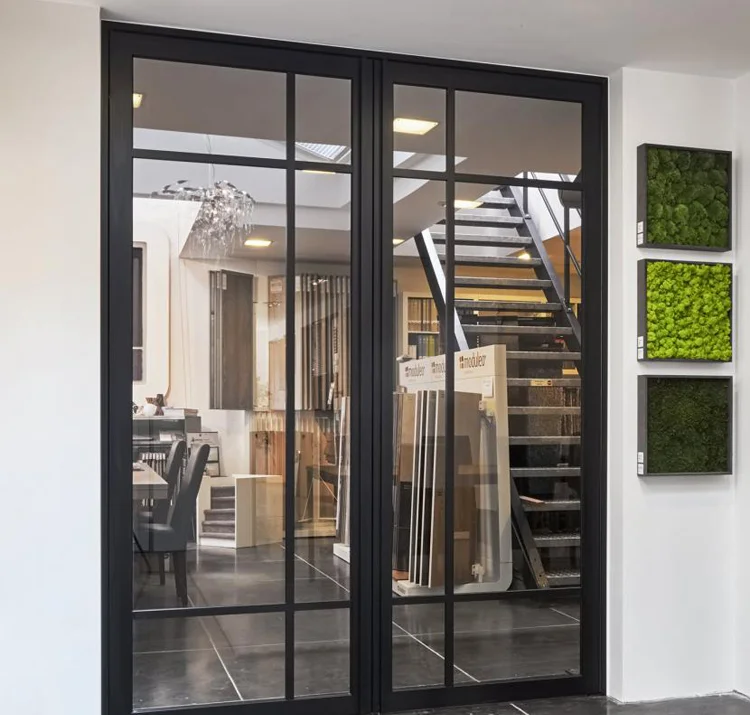 Exterior wrought iron frame frosted triple glass French entrance door modern front