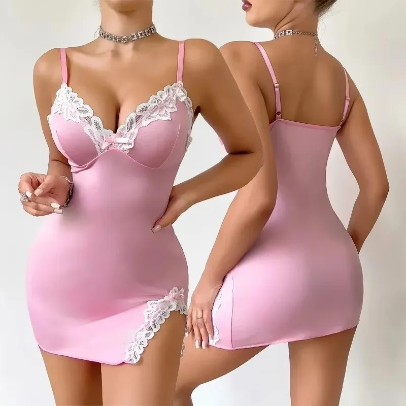 Summer Hot Women Nightdress Seductive Pink Deep V Sleeveless Fashion Lace Sleep Pajamas Dress Ladies Lingerie Nightgown Homewear