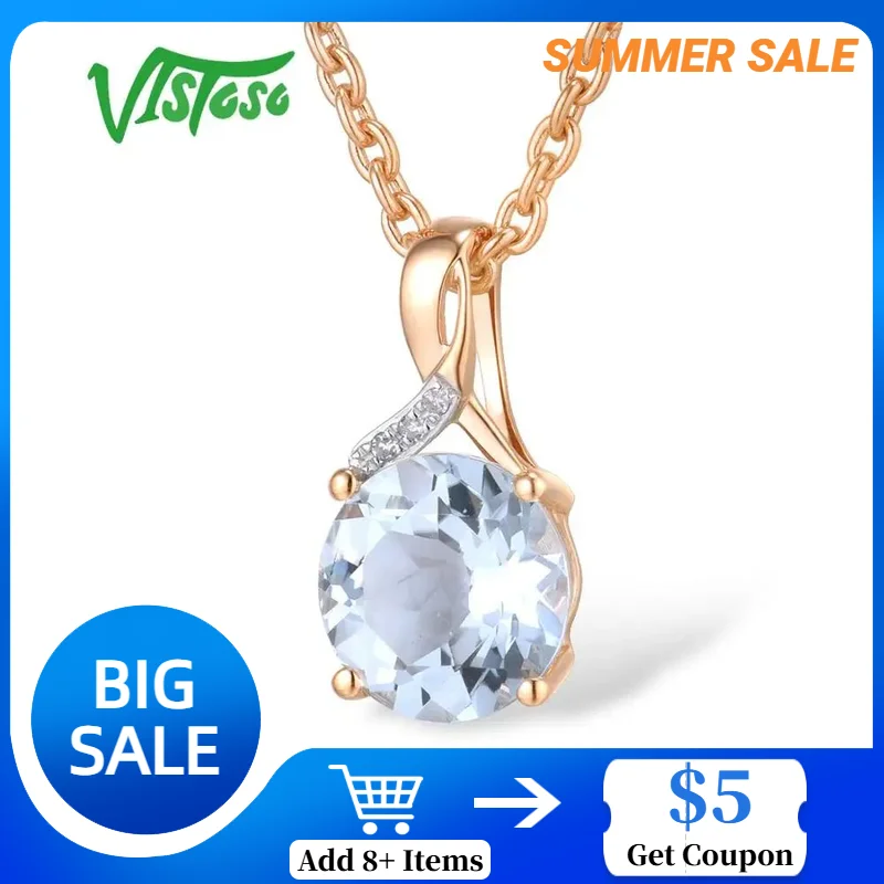 VISTOSO Gold Pendant For Women Genuine 14K 585 Rose Gold Radiant Blue Topaz Sparkling Diamond Pendant Delicate Fine Jewelry