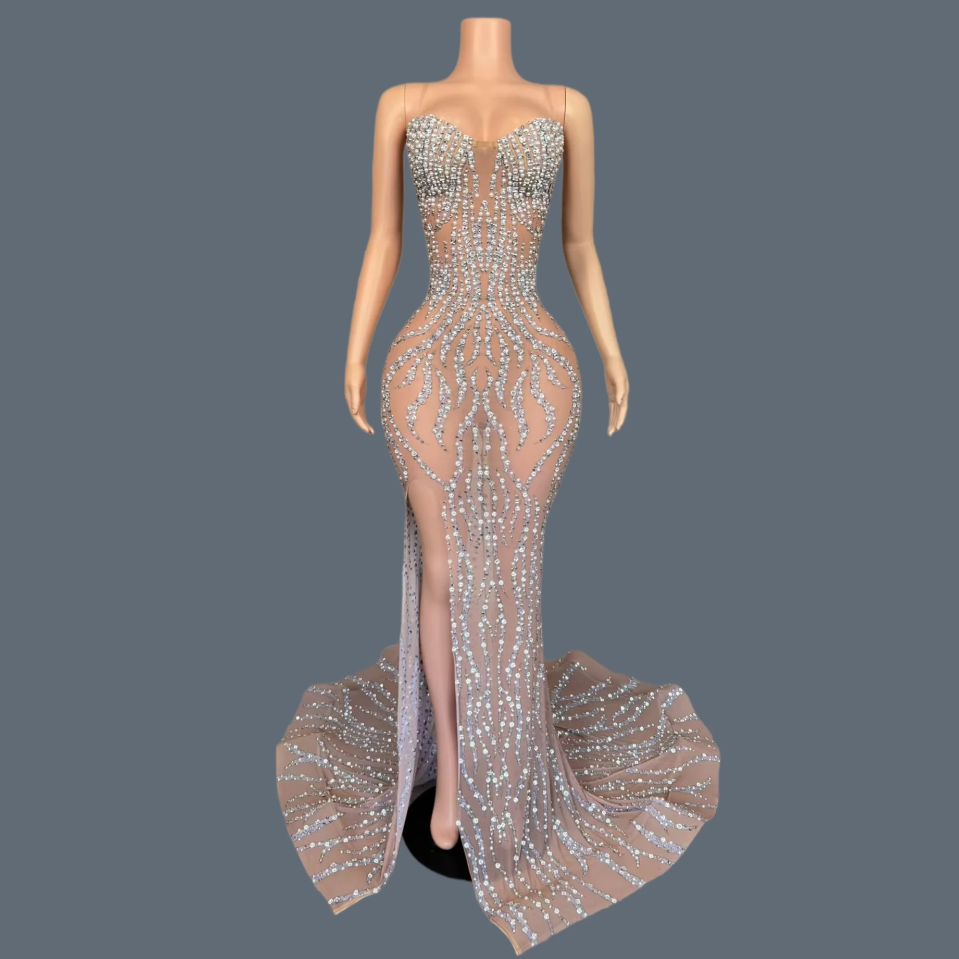 

Luxury Sparkly Rhinestone Mesh Mermaid Maxi Dress Women Spaghetti Strap High Slit Sheer Mesh Pageant Stage Evening Gown Shugen