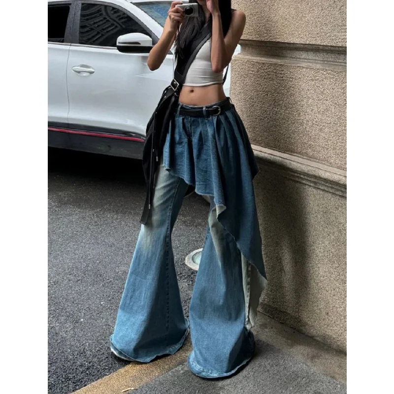 Blue Womens Jeans High Waist Vintage Design Hip Hop Straight Baggy Denim Pants Street Y2K American Style Wide Leg Denim Trouser