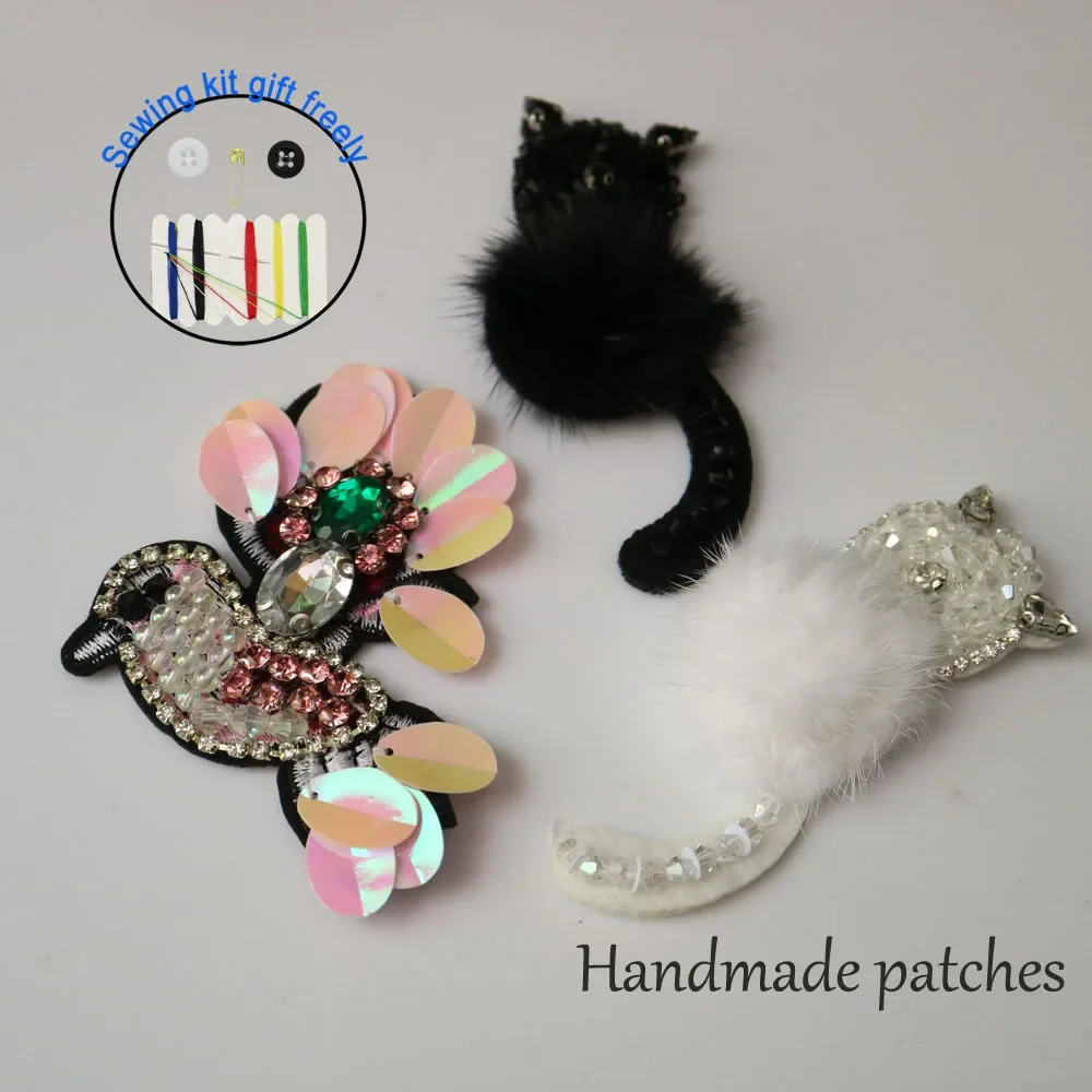 Moda fai da te uccello gatto patch di perline per abbigliamento ricamo paillettes cucire su toppe animali per borse decorative parches applique