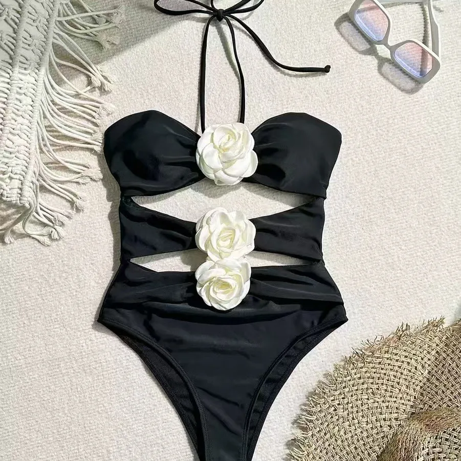 2025 new cross-border bikini split swimsuit ins multi-color three-dimensional flower hanging neck bikini swimsuit for women