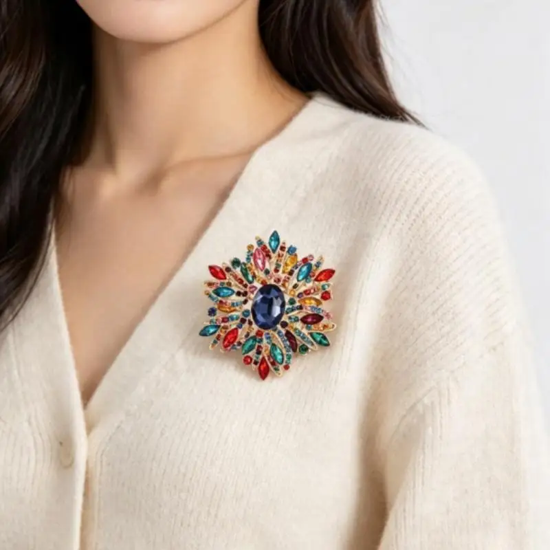 Elegant Rhinestone Flower Brooch Shiny Multicolor Crystals Gold Plated Frame for Wedding Bridal Bouquet Decor