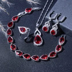 Elegant Red Crystal Silver Plated Water Drop Wedding Jewelry Sets for Women Earrings Necklace Adjustable Ring Bracelet