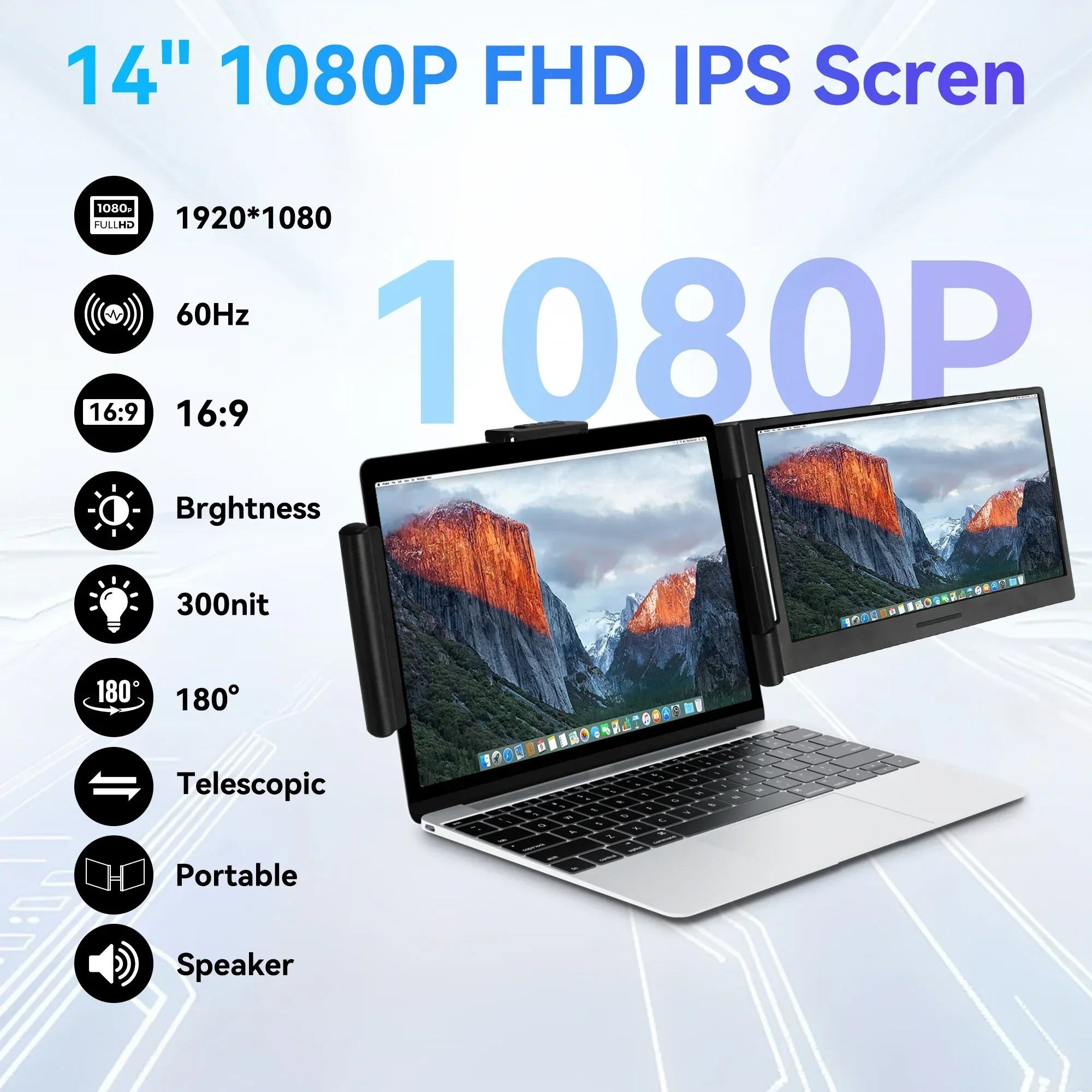 14.1‘’ Laptops Screen Extender FHD IPS Portable Monitors 72%NTSC 300 Nits For Windows Macbook Chrome Android 13-17.3 Laptop
