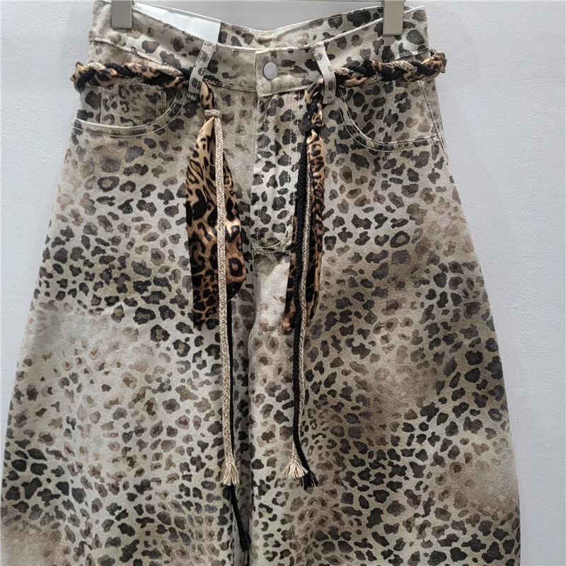ANJY خريف جديد جينز نسائي مغسول عتيق متدرج بطبعة الفهد ملابس الشارع الشهير الهيب هوب Y2K سروال دينم عصري A11295