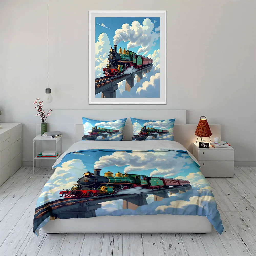 Steam train on cloud bridge Duvet Cover Set with 3D Printing Design Soft Polyester Bedding Set All-Season Comfort for gifts