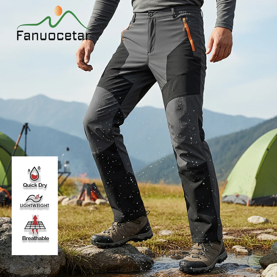 Fanuocetar Mens Elastic Hiking Pants Wear-resistant Water Splash Prevention Quick Dry UV Proof Thin Pants For Summer Trekking