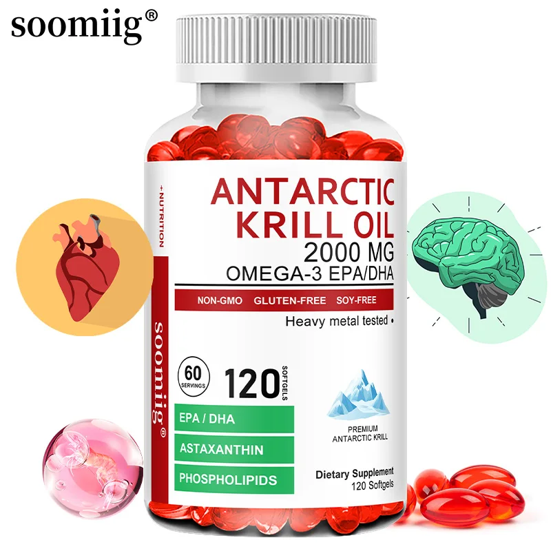 

Antarctic Krill Oil 0000 mg + Astaxanthin, Contains Omega-3 EPA, DHA, Supports Heart, Brain Health, Balances Blood Sugar