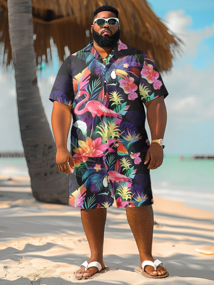 Conjunto de Camisa y Pantalones Cortos para Hombre con Estampado 3D de Planta de Flamenco Hawaiano, Camisa de Manga Corta, Pantalones Cortos de Playa Extra Grandes, Ropa de Calle, Trajes Hawaianos