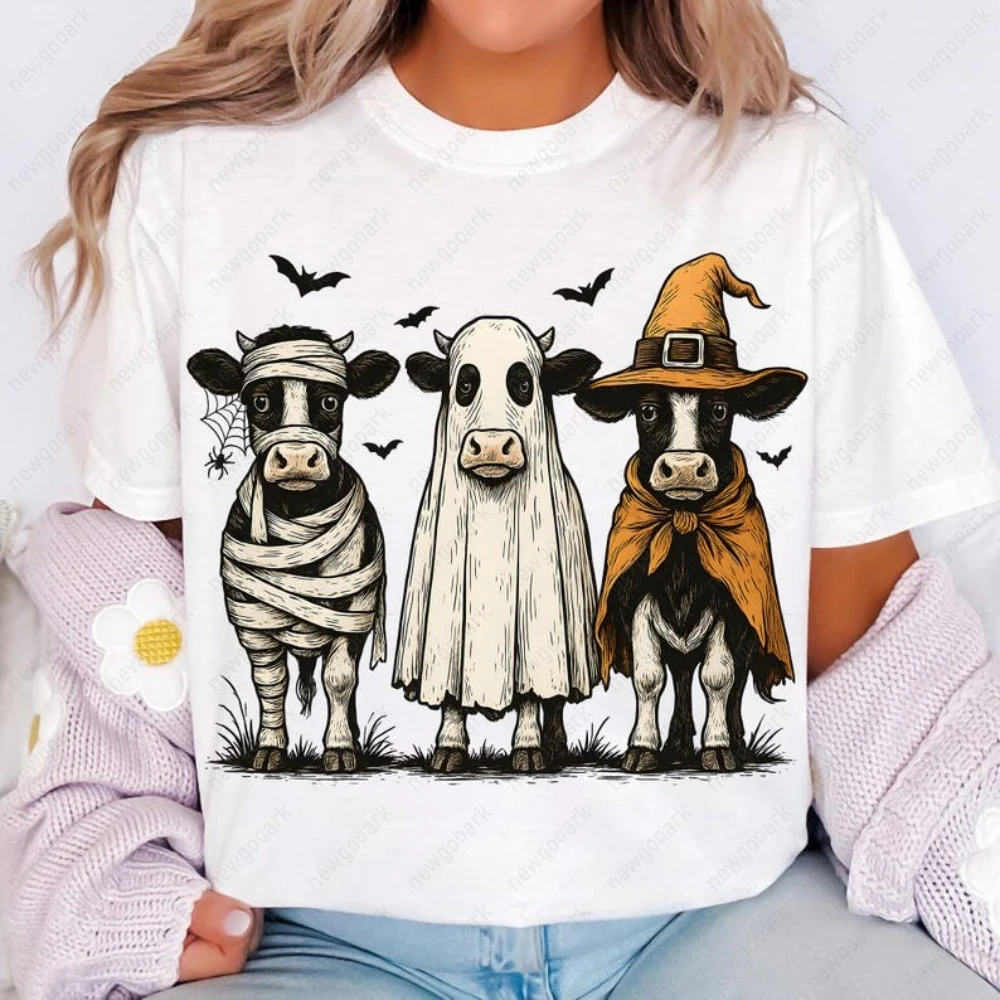 Halloween Ghost Cow Cartoon Graphic T Shirts Woman Man Autumn Vintage All Saints' Day Cotton T-shirt Classic O-neck Short-sleev
