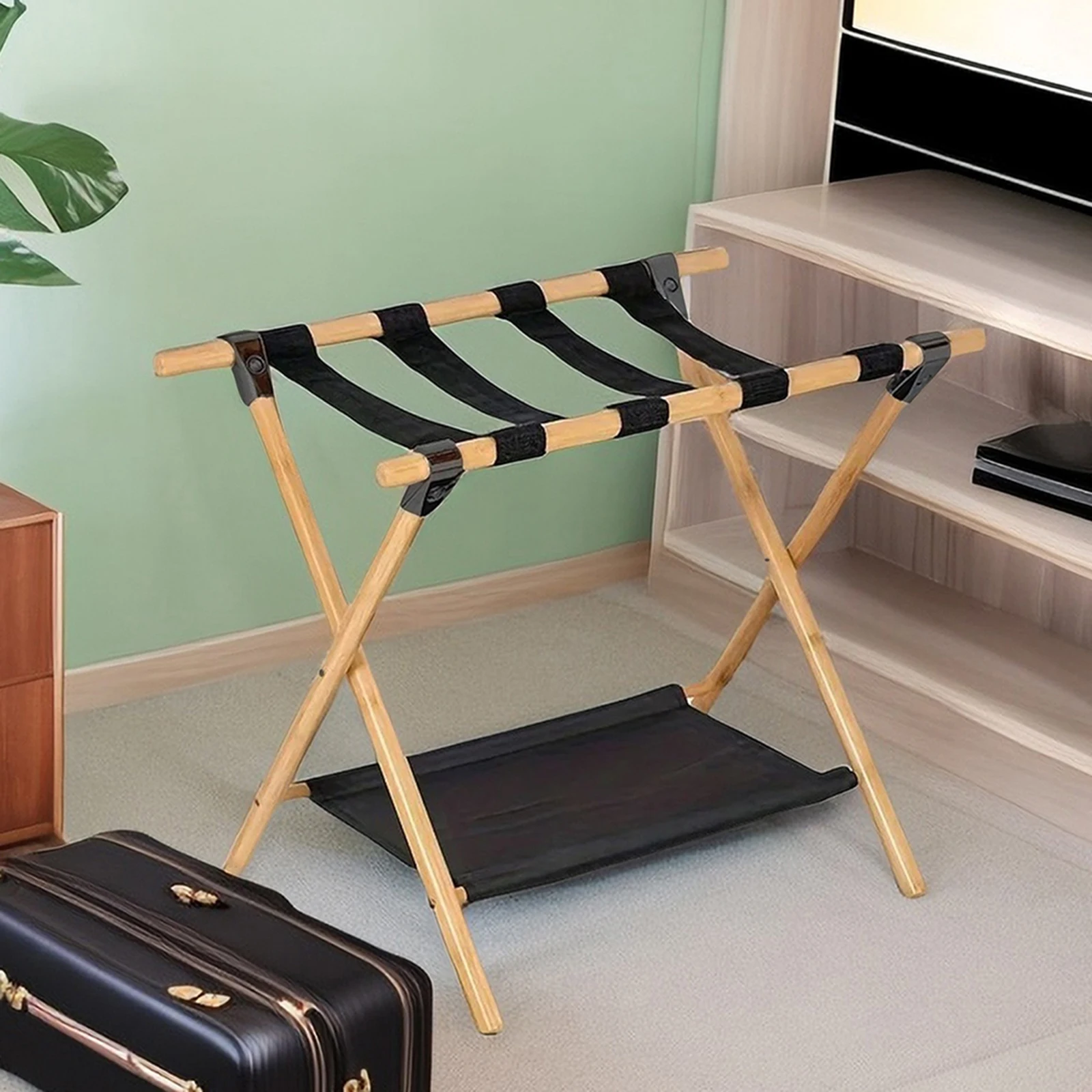 Stojak na walizkę bambusowy składany uchwyt na walizkę z nylonowymi paskami wspornik na walizkę do pokoju gościnnego sypialni hotelu