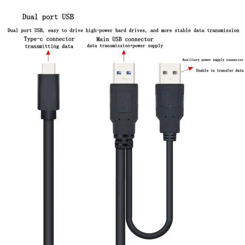 كابل أقراص صلبة USB 3.0 من AM ذكر إلى Type-c ذكر مزدوج على شكل Y كابل نقل بيانات مزود طاقة حتى 5Gbps