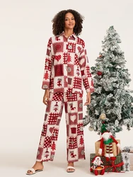 Women 2 Piece Pajamas Set Christmas Print Long Sleeves Button Shirt and Elastic Pants for Loungewear Soft Sleepwear