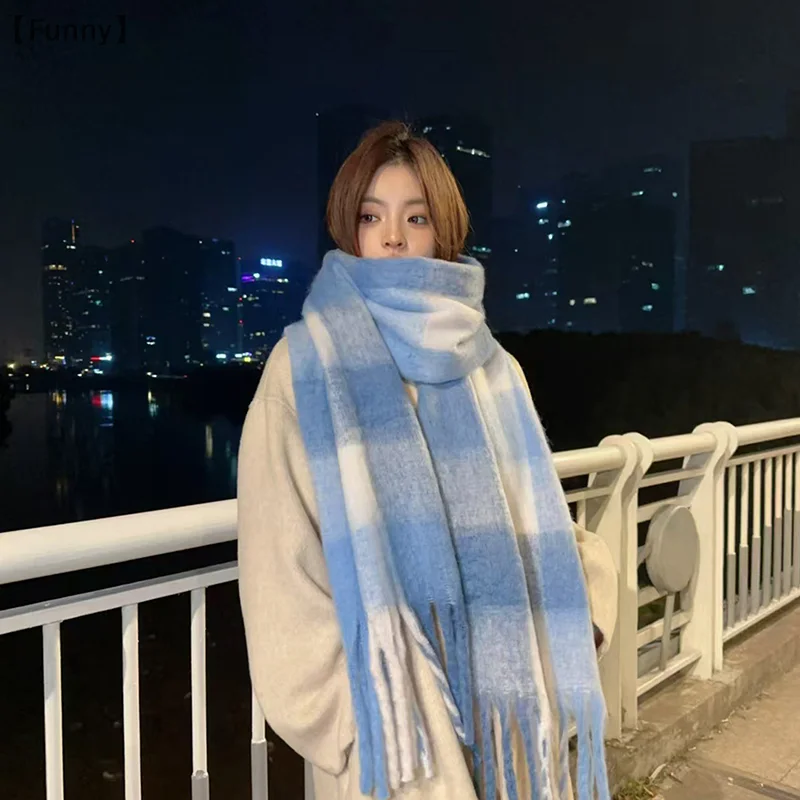 Blue White Plaid Fashionable Tassel Shawl Scarf Winter Cold Resistant Warm Scarf For Women