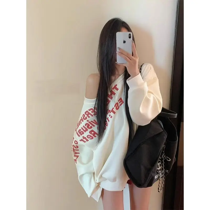 

Skew Collar Letter Printing Long Sleeve Sweatshirts Female New Trend Sexy Loose Autumn All-match T-Shirts Strapless Top Tee