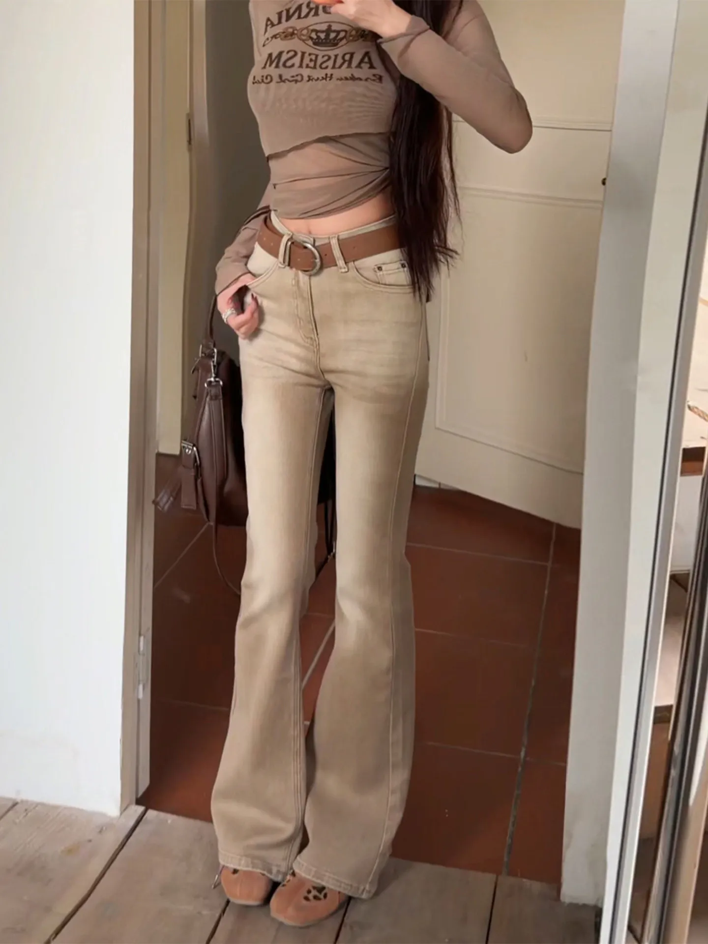 

Light Brown Gradient Wash High Waist Slimming Women's Jeans Spring New Style Casual Commute Style Bell Bottoms