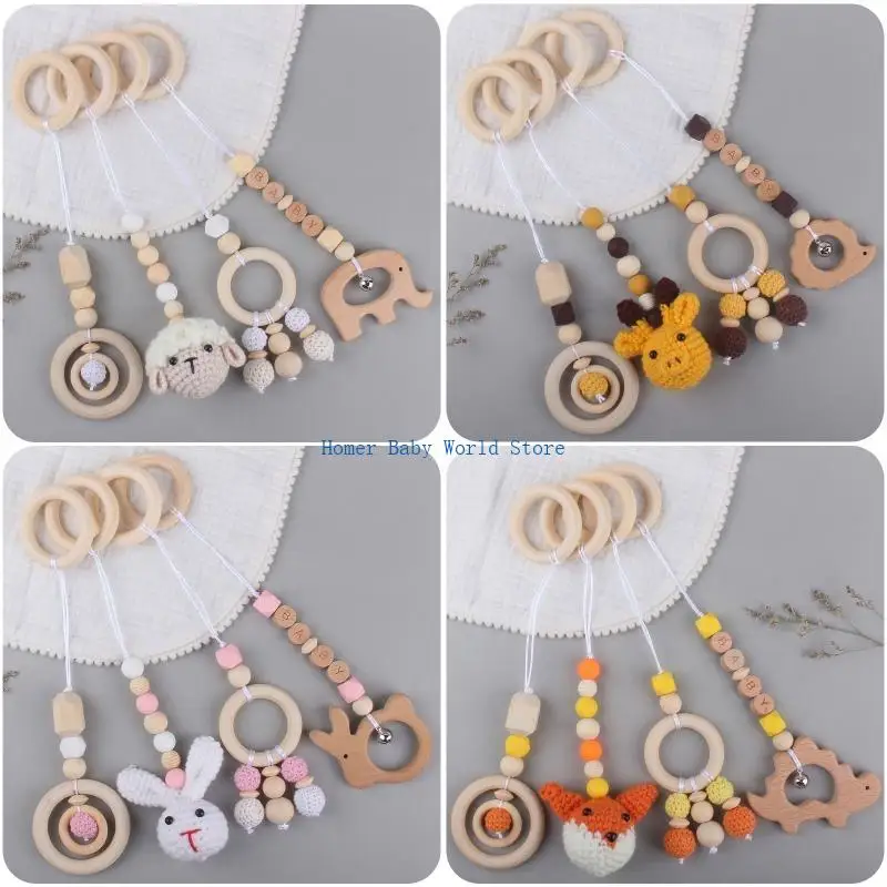 

B2QD Baby Beech Hanging Pendants 4pcs/set Knitting for Doll Ring Teether Teething Nursing Rattle Toy for Stroller Gym Newborn