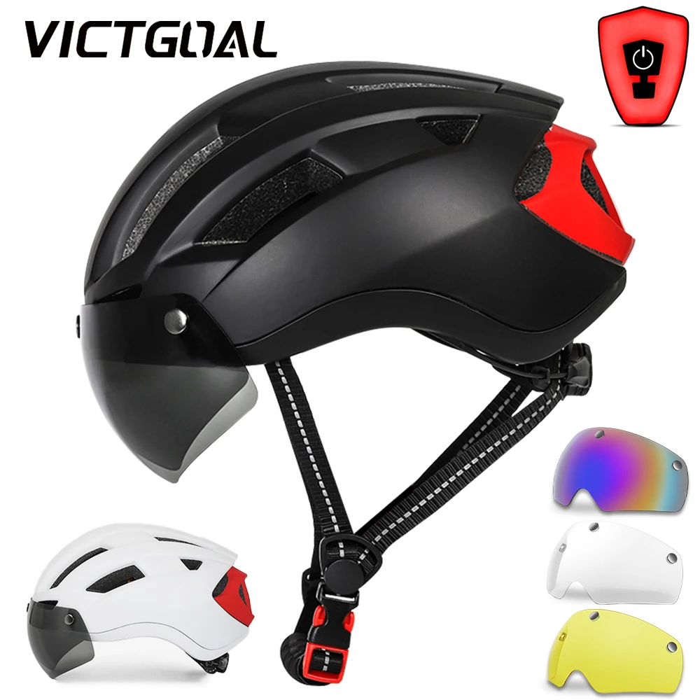 VICTGOAL MTB Road Bike Helmet with Goggles USB Rechargeable Rear Light Bicycle Helmet for Men Women Cycling Scooter Commuting