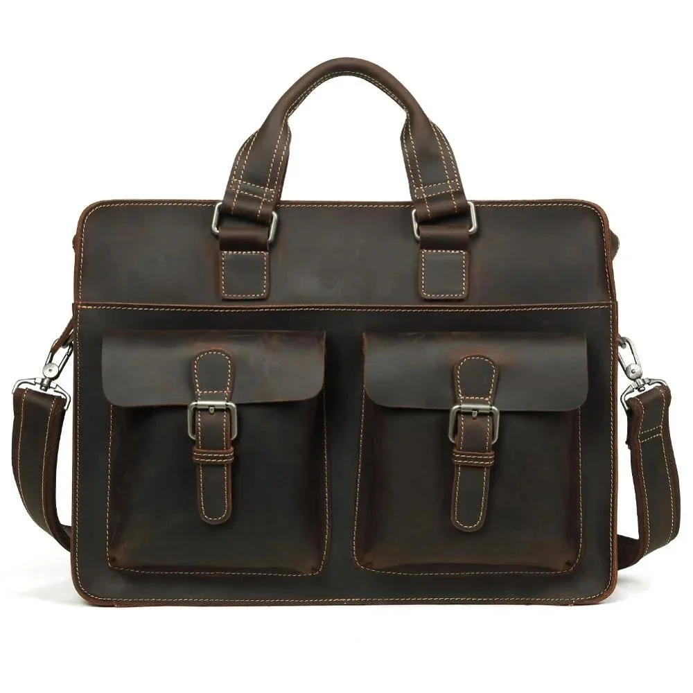 Herren Aktentasche Vintage verrückte Pferd Leder Laptop tasche Geschäft echte 15.6 "Schulter Handtasche