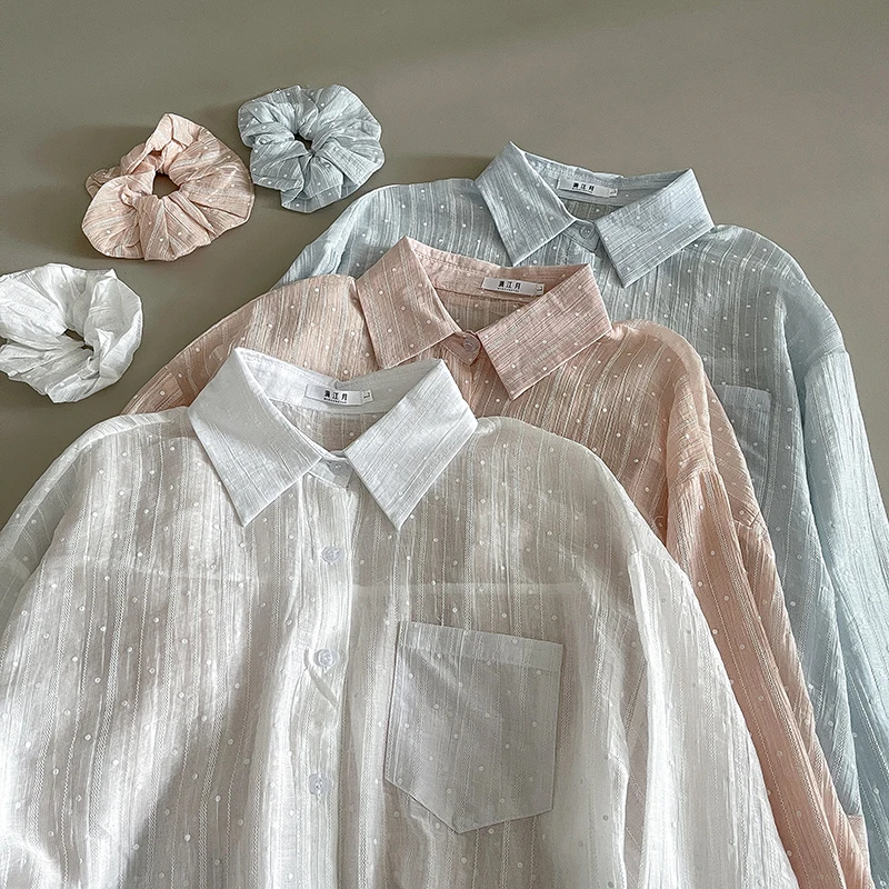 

Wedbleser Solid Color Polka Dot Lightweight Sunscreen Shirt Women Summer 2025 New Versatile Pure Sweet Western Style Top