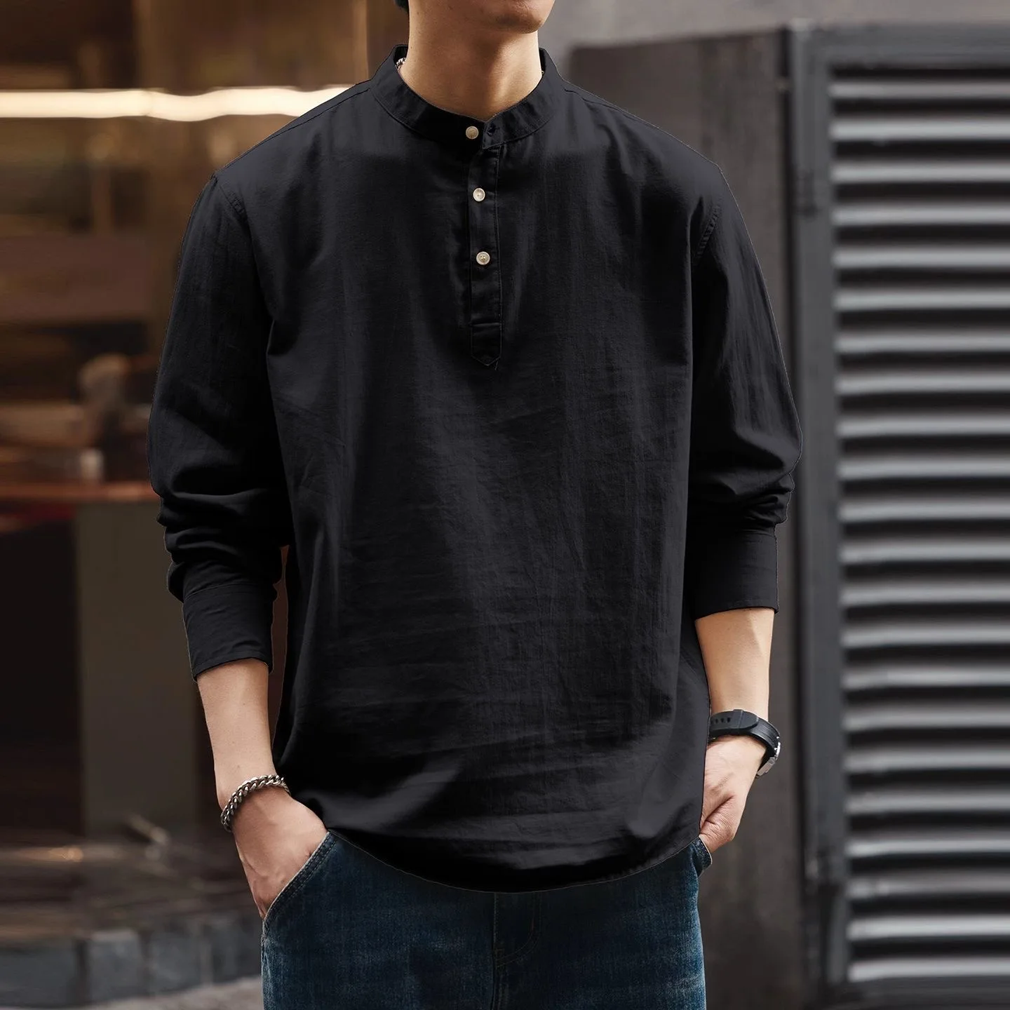 

New Chinese Style Long Sleeve Black Shirt Men's Shirt Thin Outerwear Henry Collar Autumn Fashion Casual Cotton Linen Blend