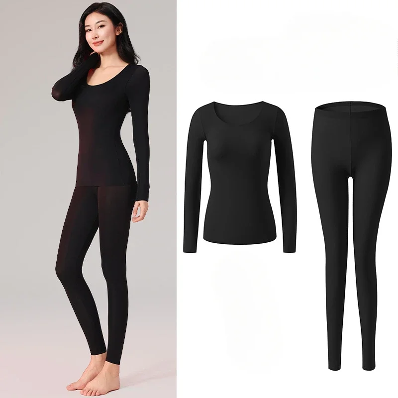 Women Thermal Underwear Set Lightweight Seamless Long Sleeve Top with Brassiere Long Johns Lady Winter Warm Sleepwear Pajamas