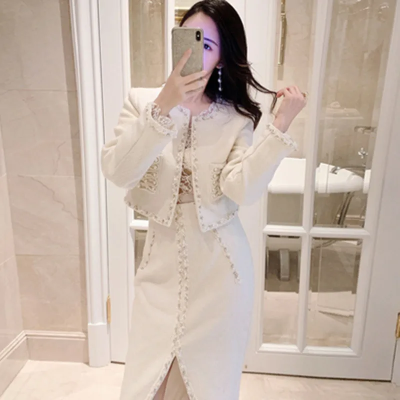 Fashion Women's Tweed 2 Piece Set Autumn Winter Pearls Beaded Long-Sleeved Short Jacket Coat + High Waist Sexy Split Skirt Suit