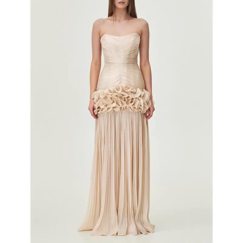 

HUISONG Solid Spliced Fungus Slimming Dresses for Women Strapless Sleeveless Patchwork Folds Midi Dress Female Clothing New