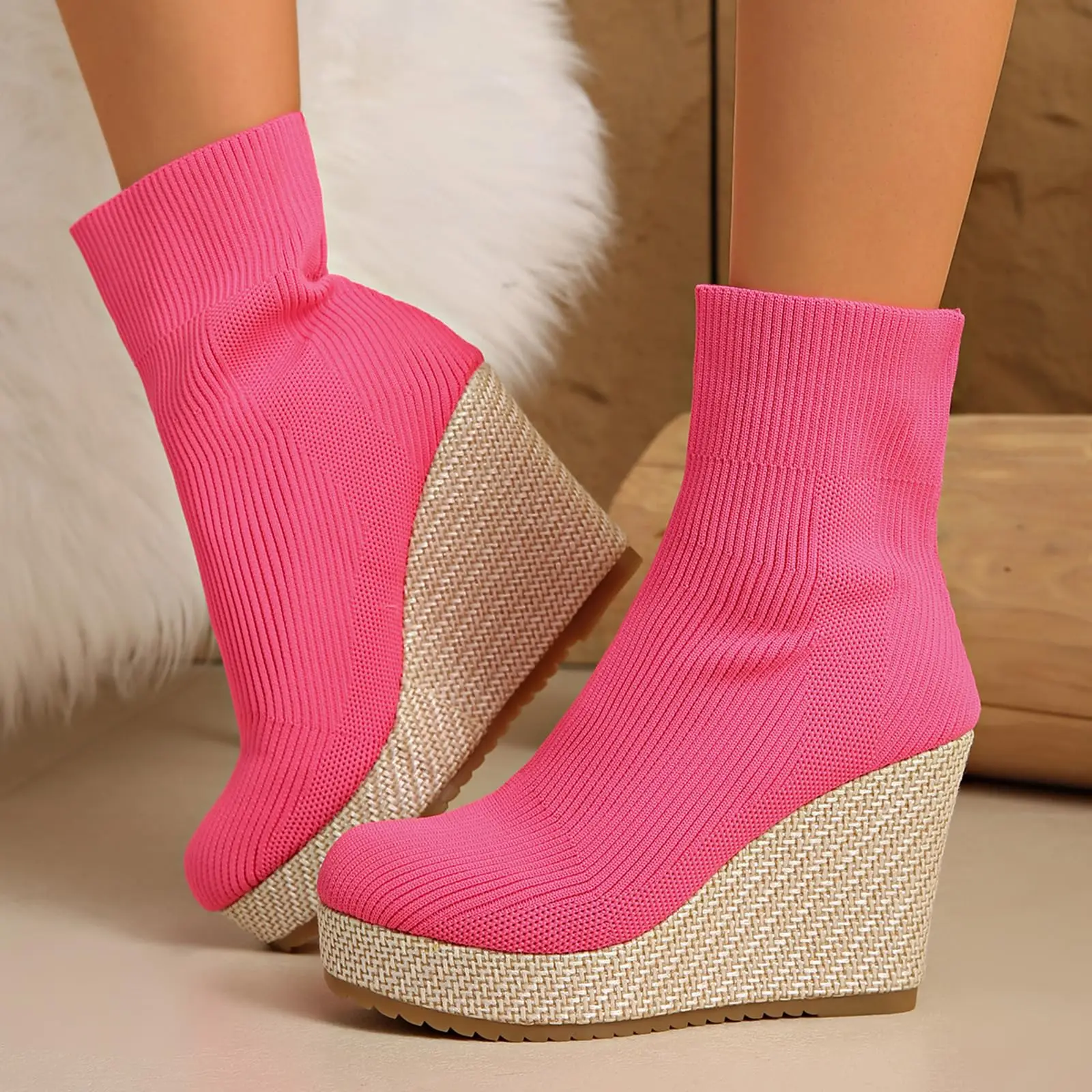 

Fall/Winter Women's Boots - Stylish Round Low-Cut Knit Elastic Boots,Platform Wedge Heel Solid Color Fashion Boots,Women's Shoes