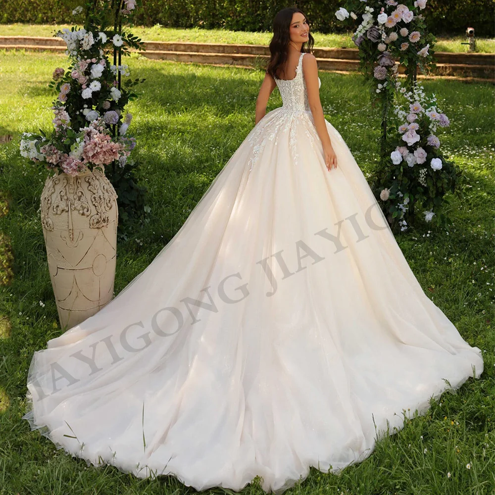 Princess Ball Gown Wedding Dress Customized Square Neck Beading Applique Sweep Train Glitter Bride Women Bridal Dresses Vestidos